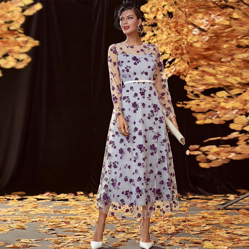 Lace High Waist Long Sleeve Swing Maxi Dress