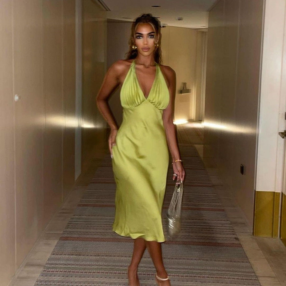 Pleated Sleeveless V Neck High Waist Midi Dress