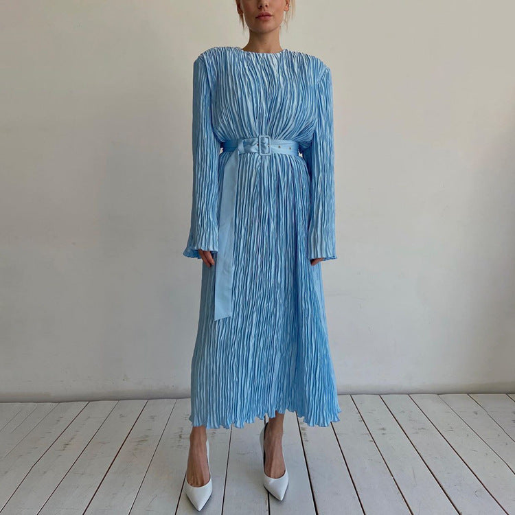 Pleated Belted Office Loose Maxi Dress