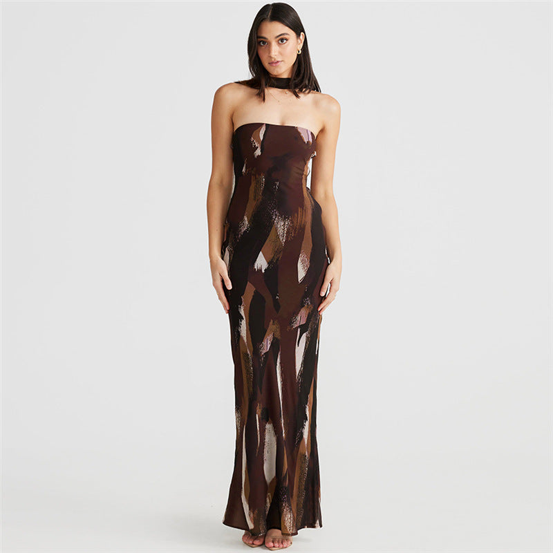 Printed Tube Top Bare Back Elegant Maxi Dress