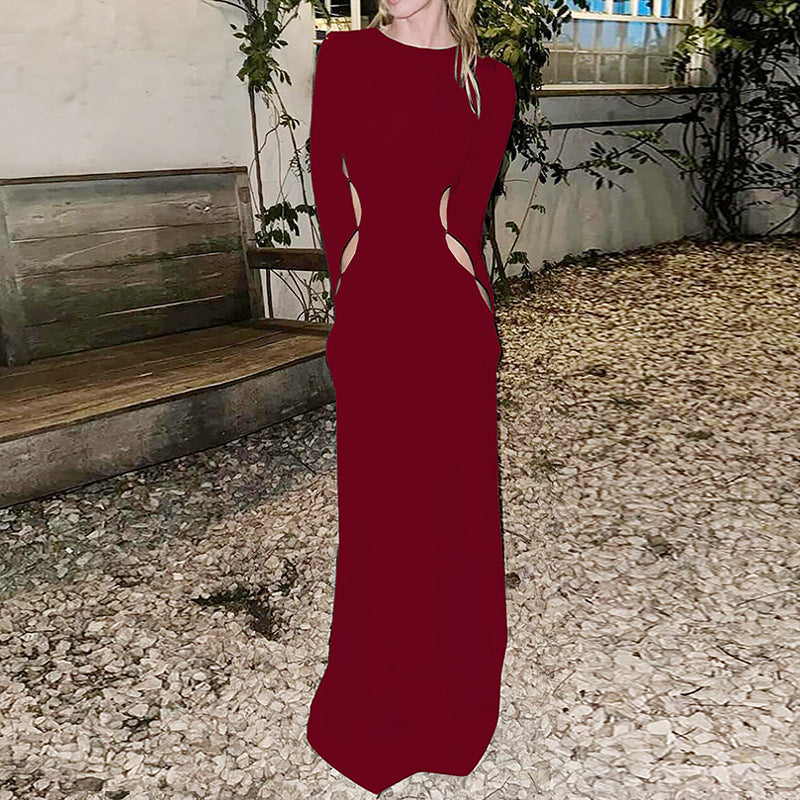 Cutout Round Neck Slim Long Sleeve Maxi Dress