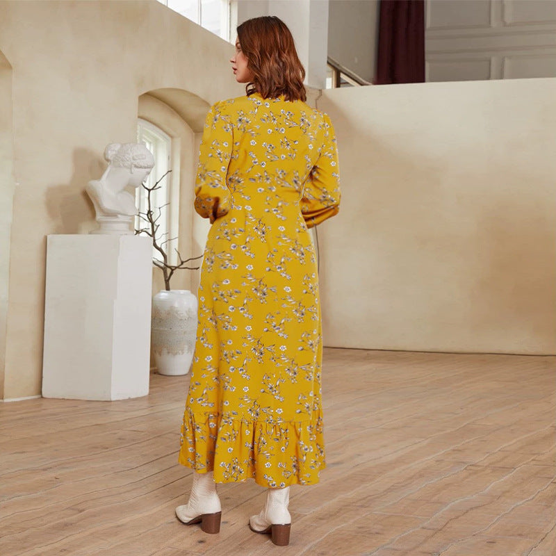 Printed V-Neck Long Sleeve Maxi Dress
