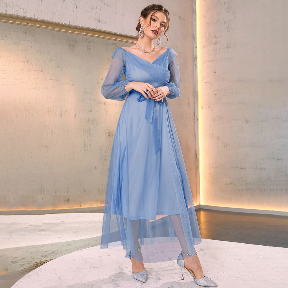 V-Neck High Waist Mesh Elegant Maxi Dress