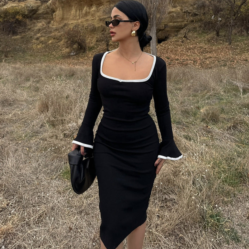 Square Neck Contrast Knit Bell Midi Dress