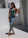 Printed U-Neck Halter Elegant Maxi Dress