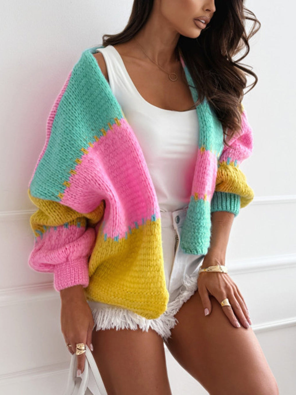 Relaxed Colorblock Loose Knit Cardigan