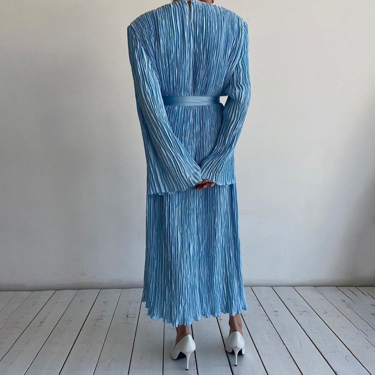 Pleated Belted Office Loose Maxi Dress