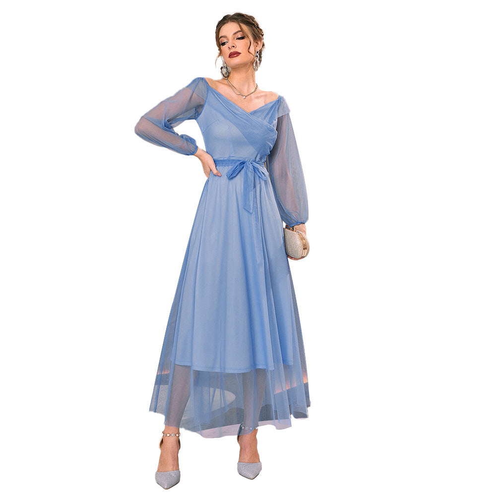 V-Neck High Waist Mesh Elegant Maxi Dress