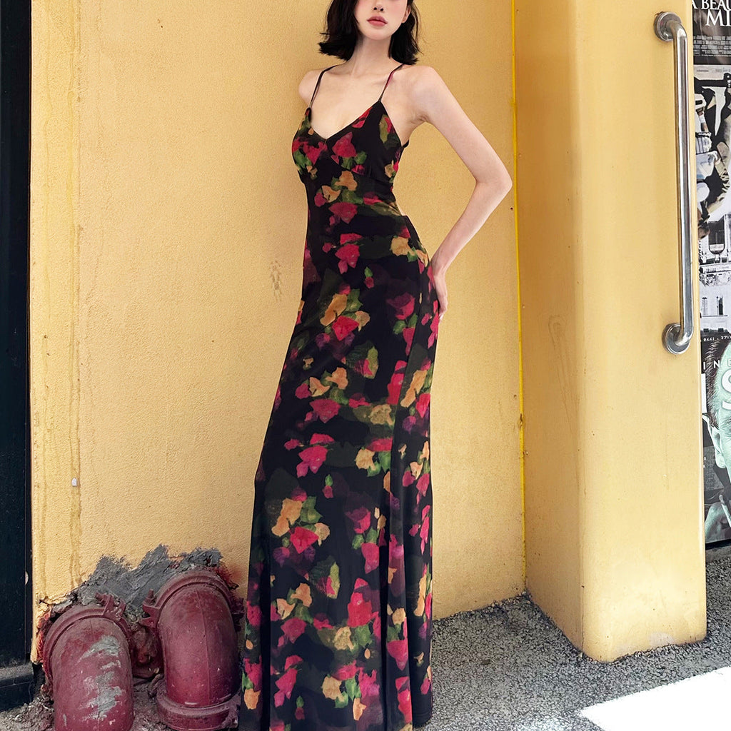 Colorful Floral Fitted Fishtail Maxi Dress