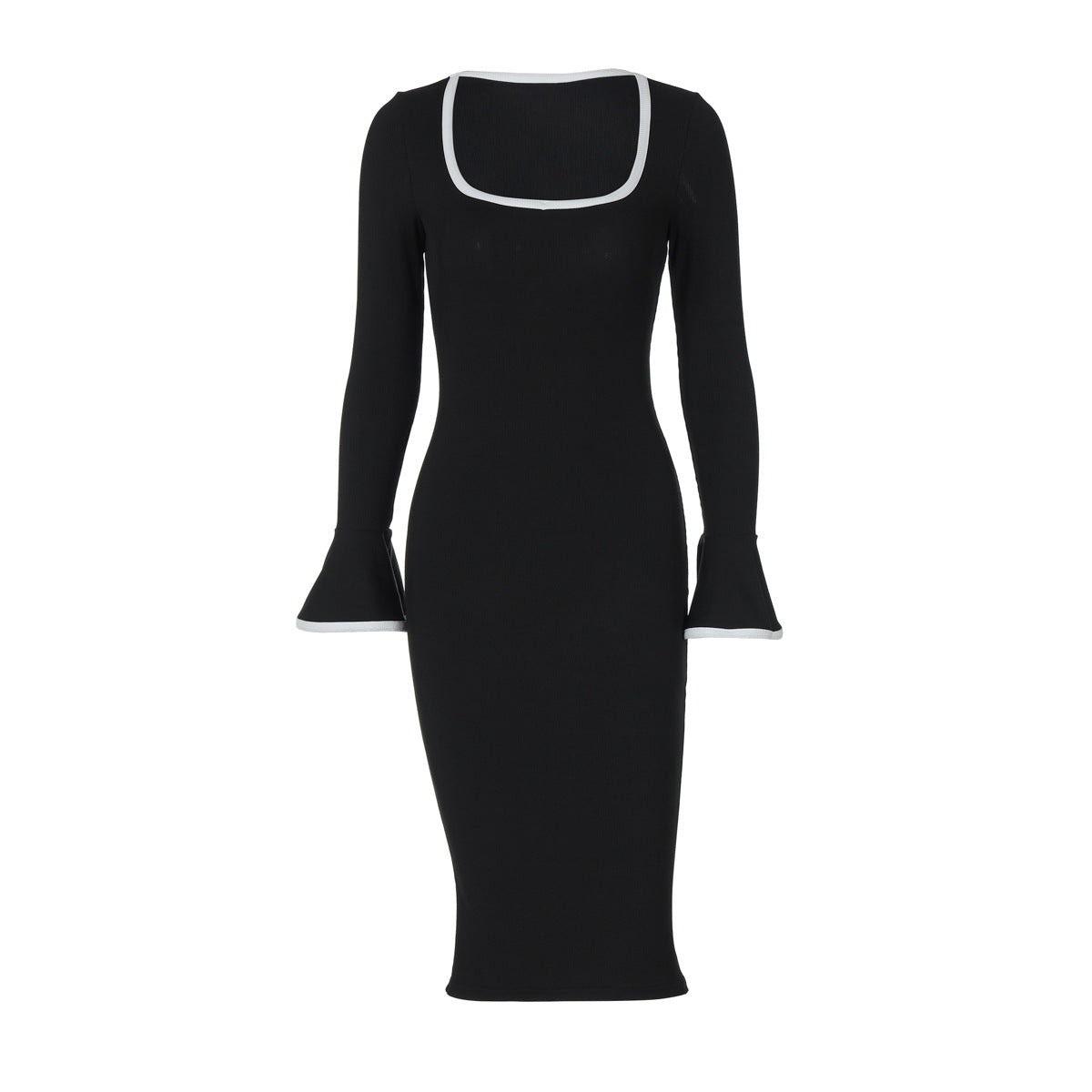 Square Neck Contrast Knit Bell Midi Dress