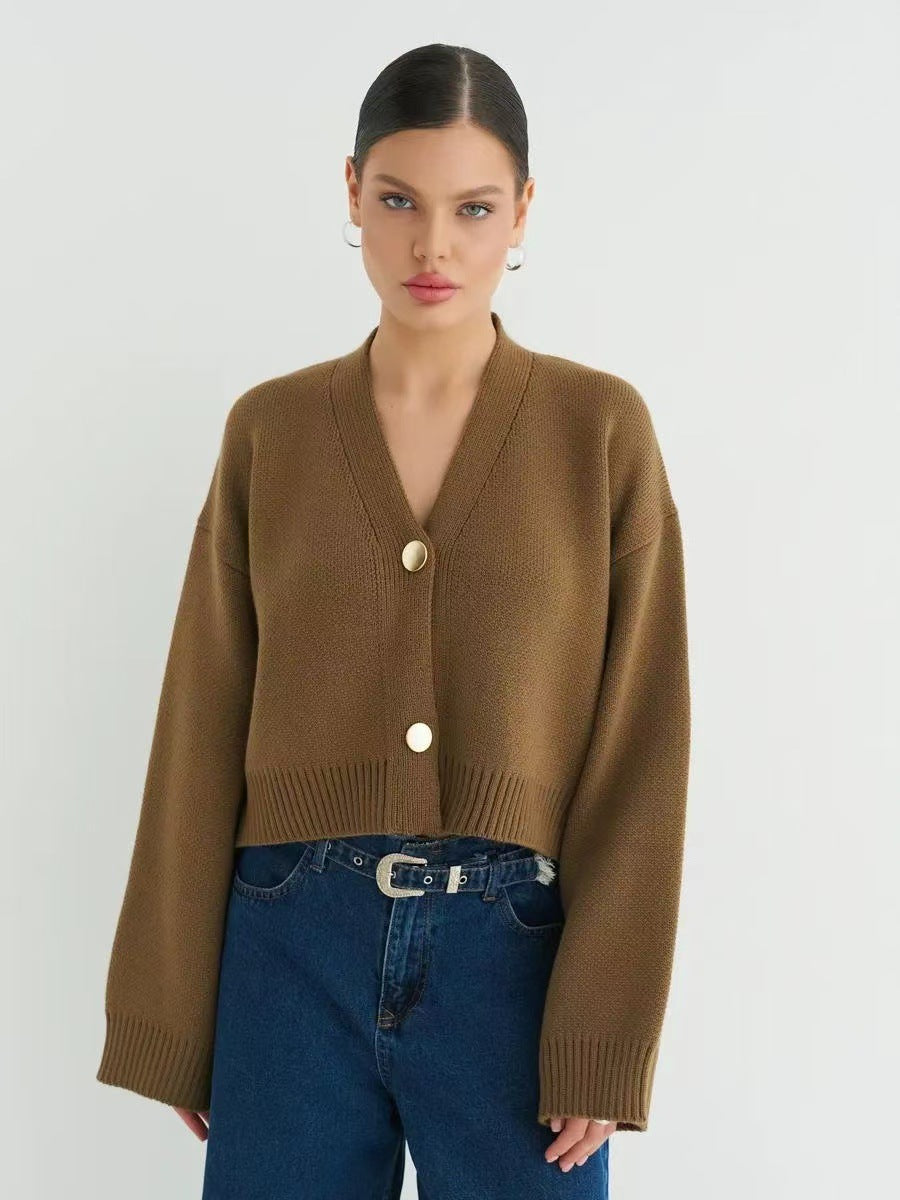 Plain V-Neck Relaxed Knit Cardigan