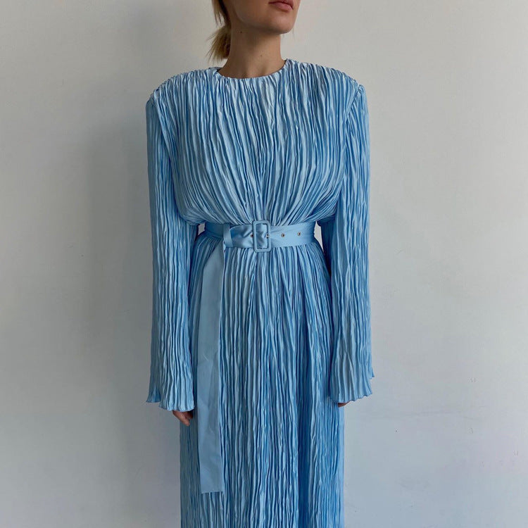 Pleated Belted Office Loose Maxi Dress