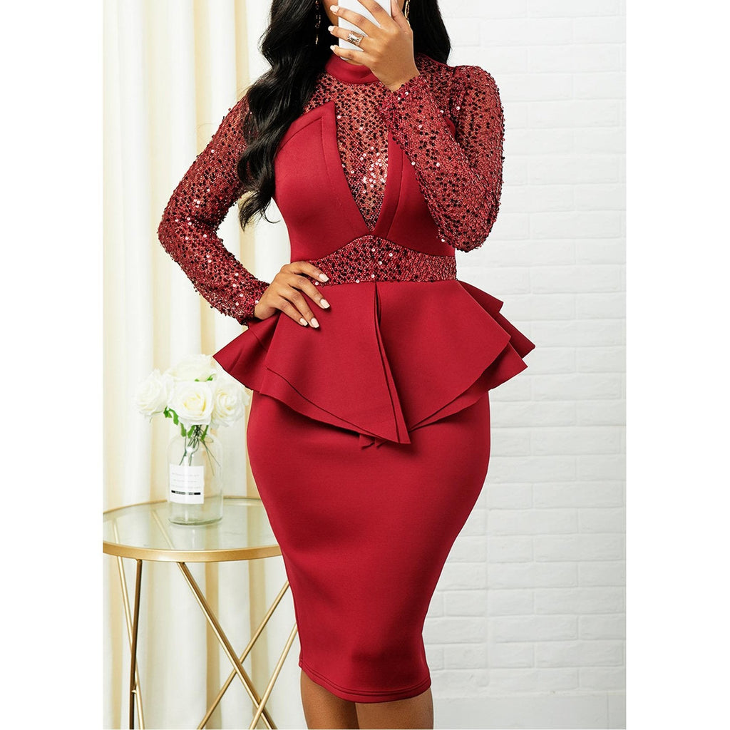 Plus Size Peplum Sequin Detail Fancy Party Dress