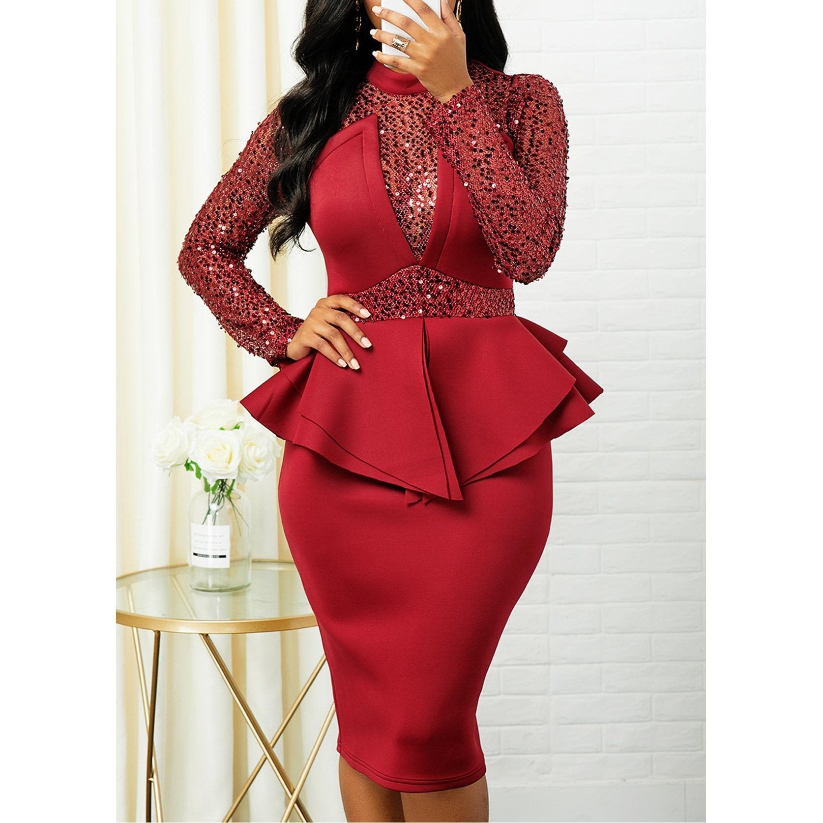 Plus Size Peplum Sequin Detail Fancy Party Dress