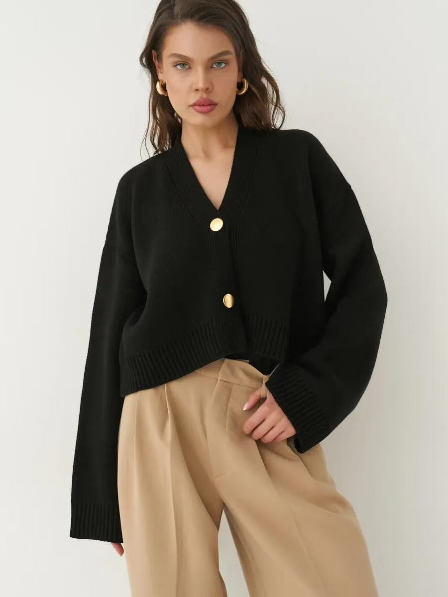 Plain V-Neck Relaxed Knit Cardigan