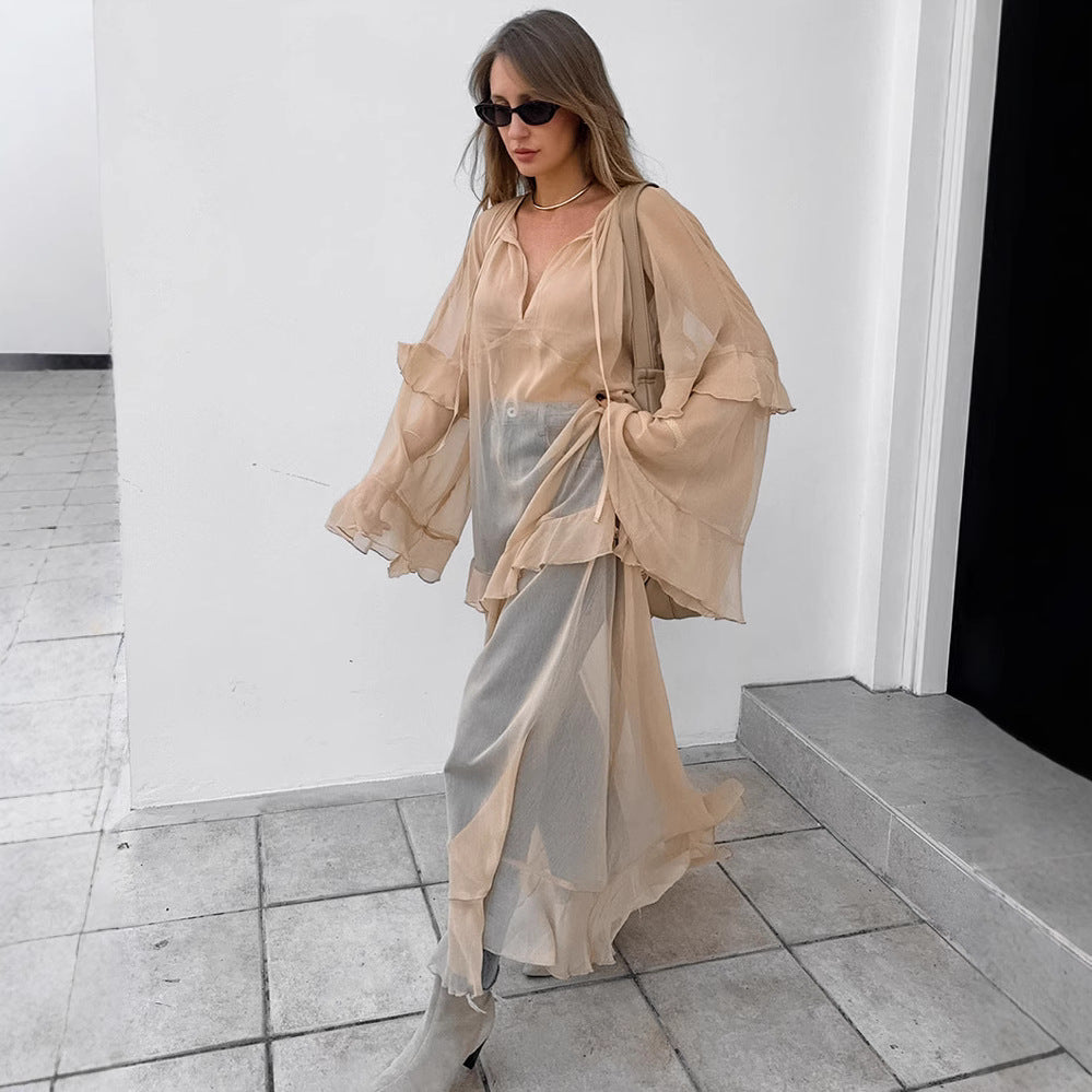 Khaki Batwing Sleeve Sunproof Maxi Dress