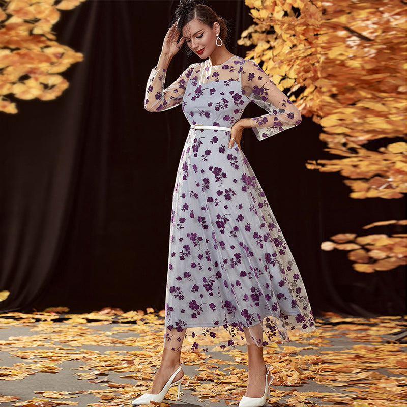 Lace High Waist Long Sleeve Swing Maxi Dress