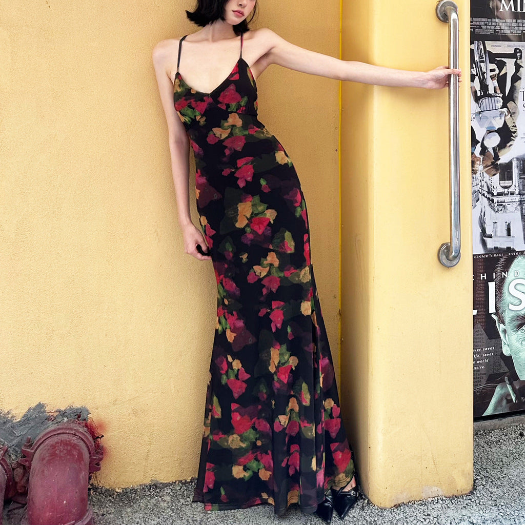 Colorful Floral Fitted Fishtail Maxi Dress