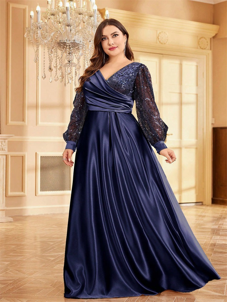 Satin V-Neck Slim Fit Sequin Maxi Dress