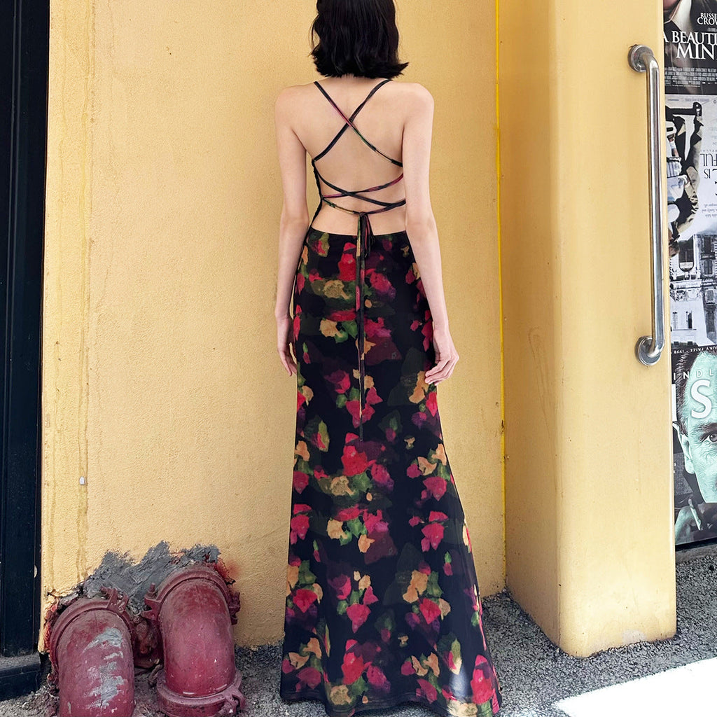 Colorful Floral Fitted Fishtail Maxi Dress