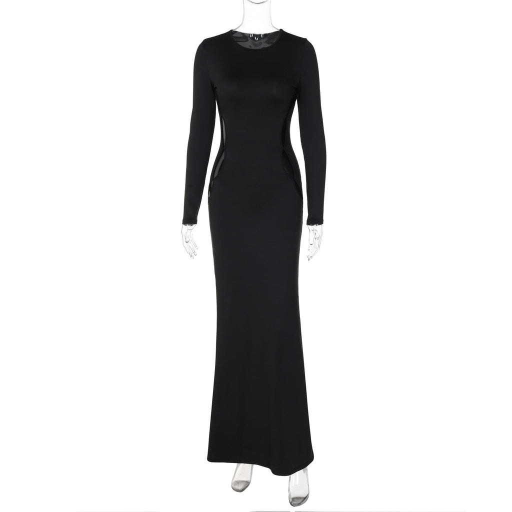 Cutout Round Neck Slim Long Sleeve Maxi Dress