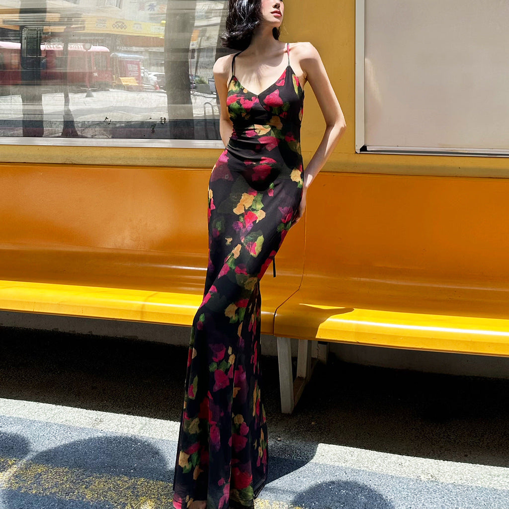 Colorful Floral Fitted Fishtail Maxi Dress