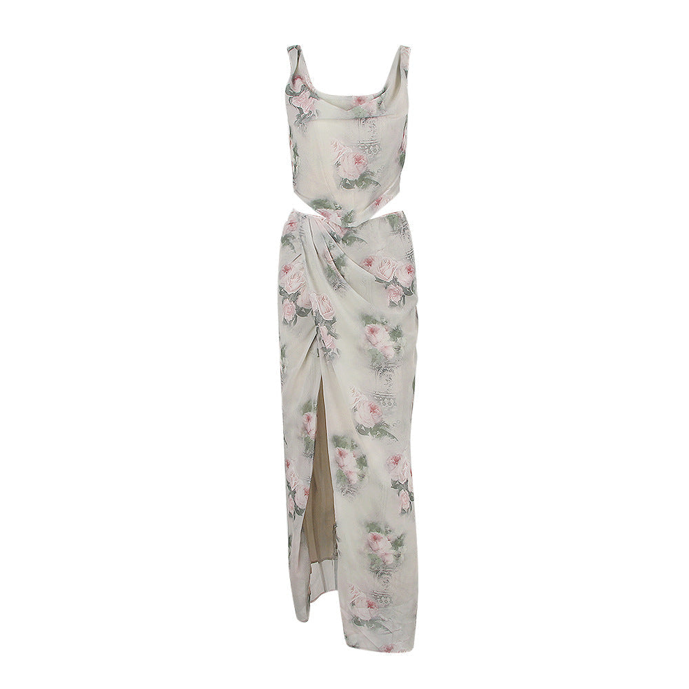 Chiffon Spaghetti Strap Cropped Top Skirt Two Piece Maxi Dress
