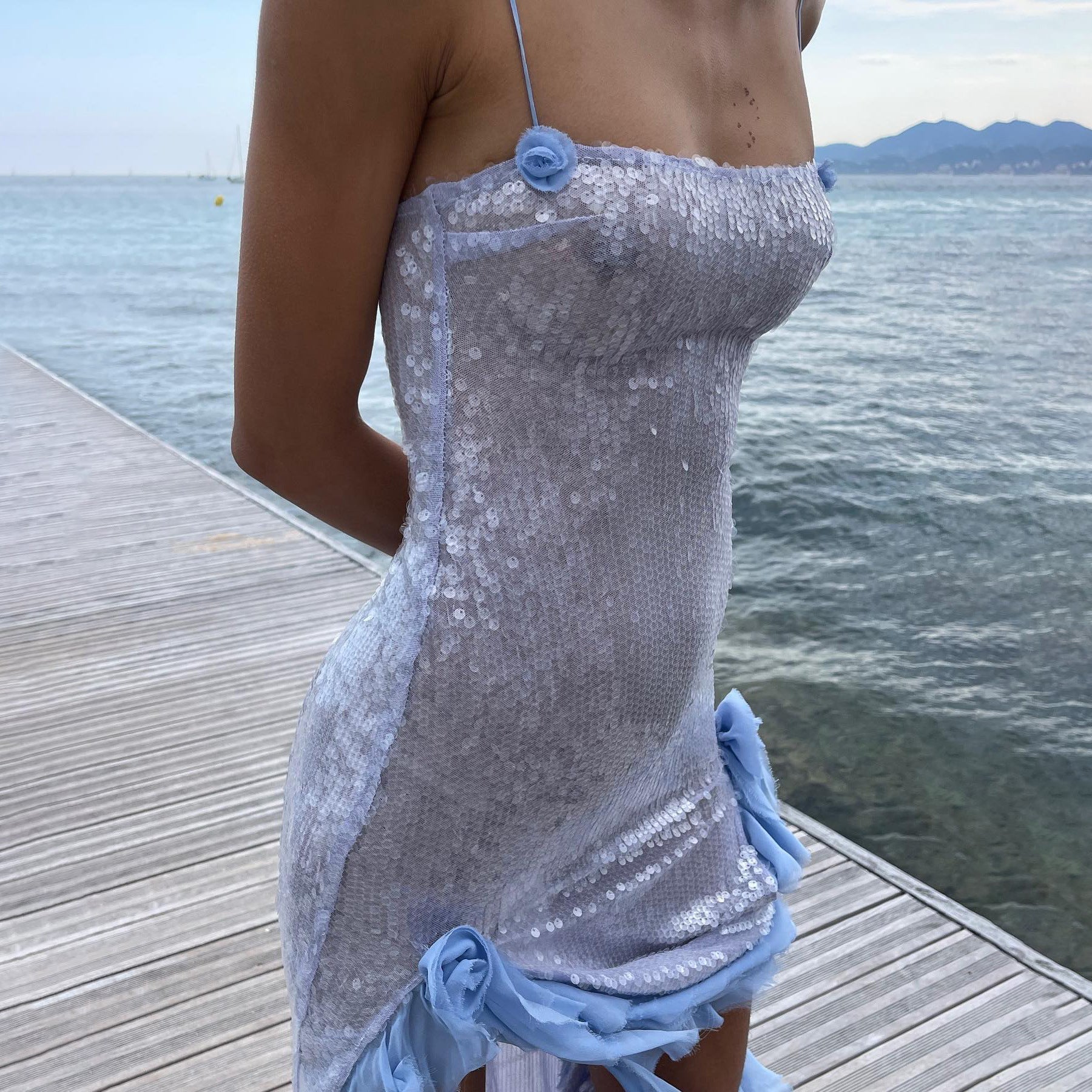 Sheer Sequin Floral Frayed Maxi Dress