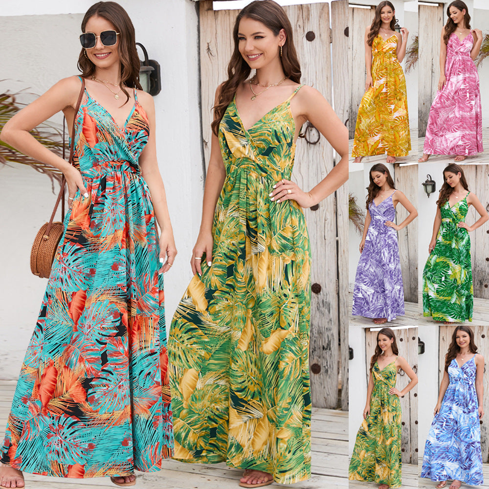 Bohemian Printed V Neck Strap Maxi Dress