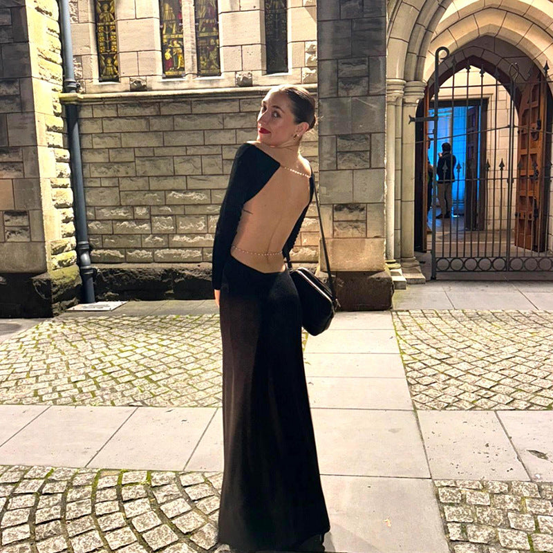 Backless Chain Detail Long Sleeve Maxi Dress