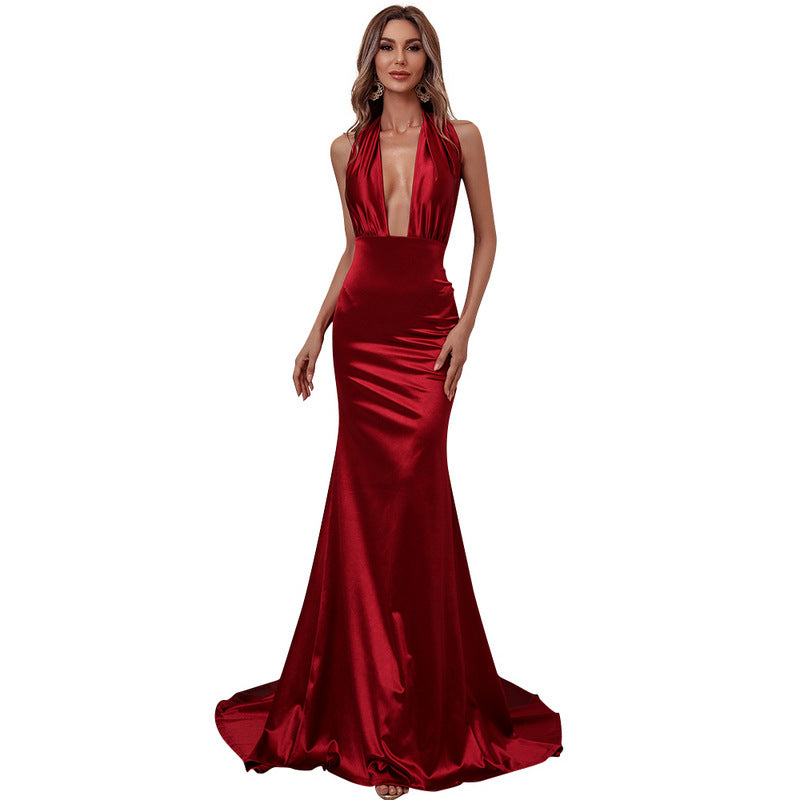 V-Neck Backless Banquet Strap Maxi Dress