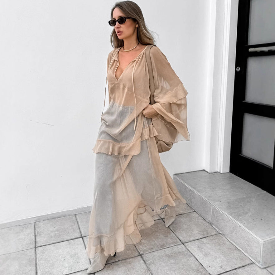 Khaki Batwing Sleeve Sunproof Maxi Dress