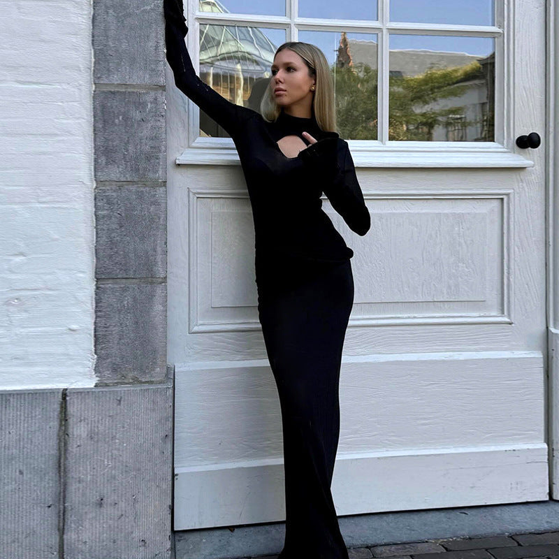 Knitted Cutout High Collar Slim Maxi Dress