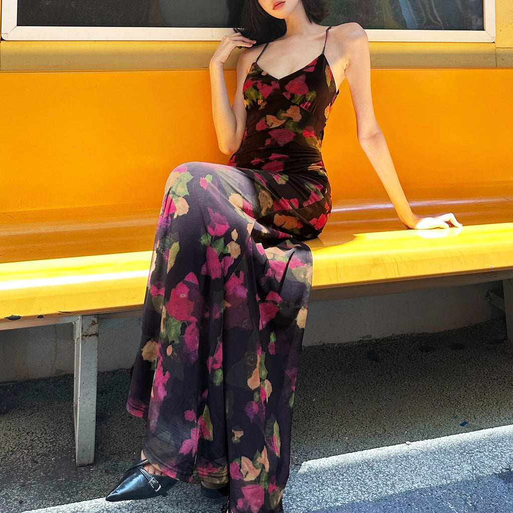 Colorful Floral Fitted Fishtail Maxi Dress