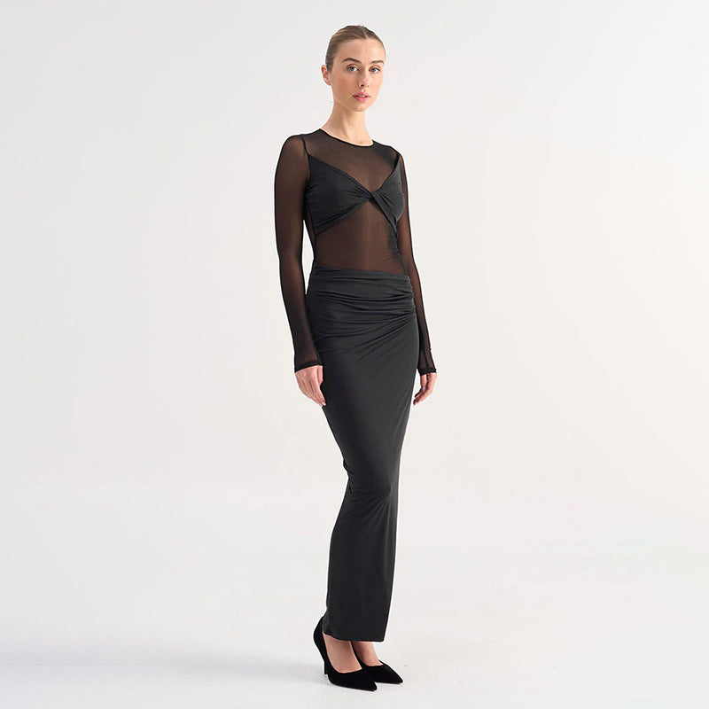Sheer Mesh Stitch Long Sleeve Maxi Dress