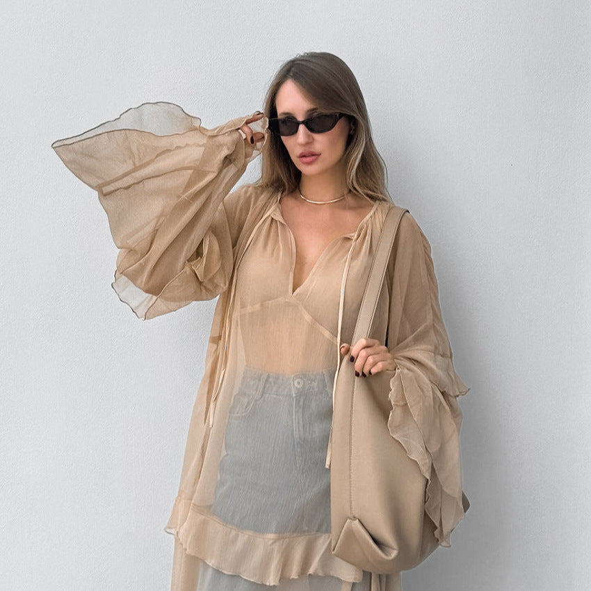 Khaki Batwing Sleeve Sunproof Maxi Dress