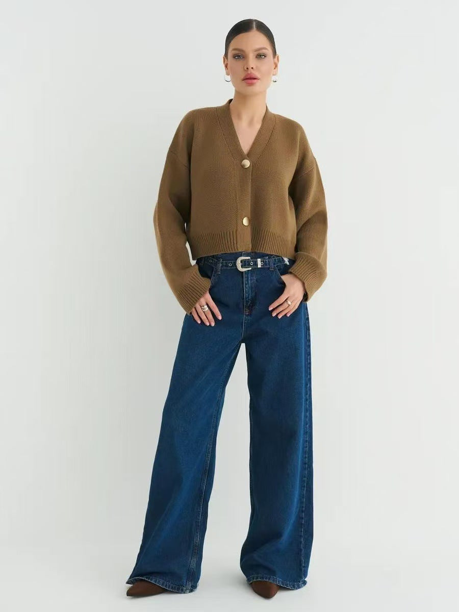 Plain V-Neck Relaxed Knit Cardigan