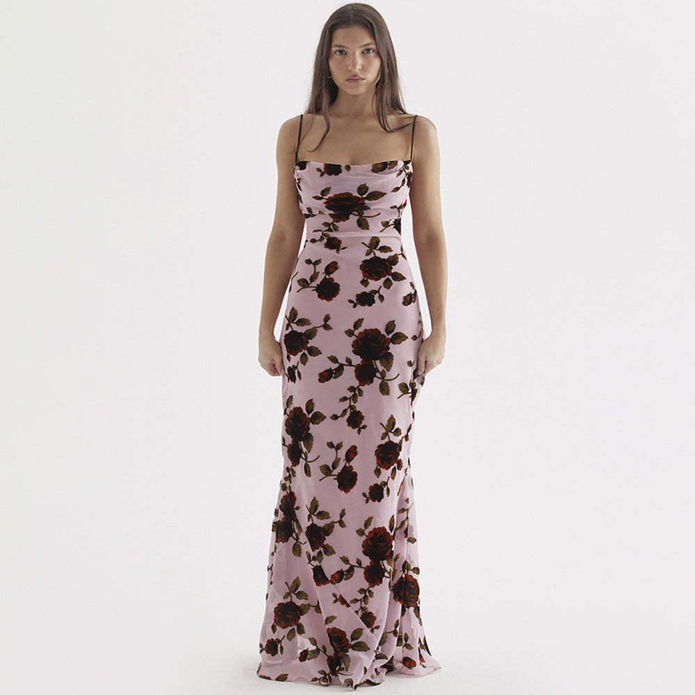 Floral Mesh Slip Backless Holiday Maxi Dress