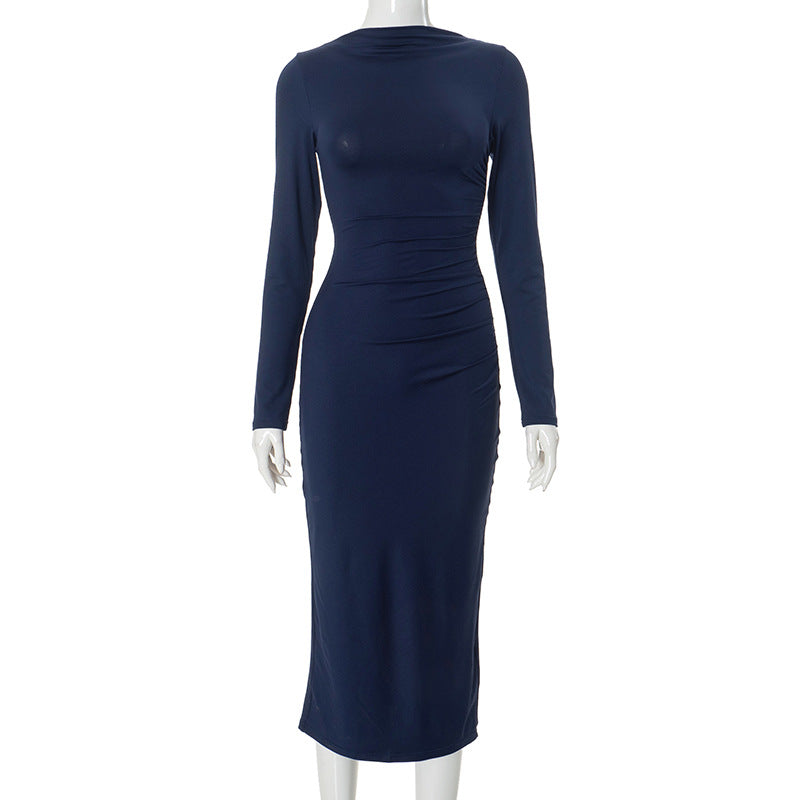Pleated High Waist Long Sleeve Midi Dress