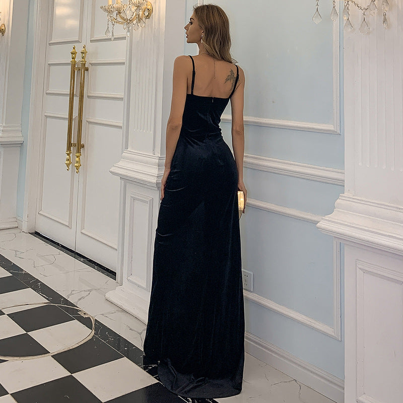 Pleuche Strap Split Cocktail Maxi Dress