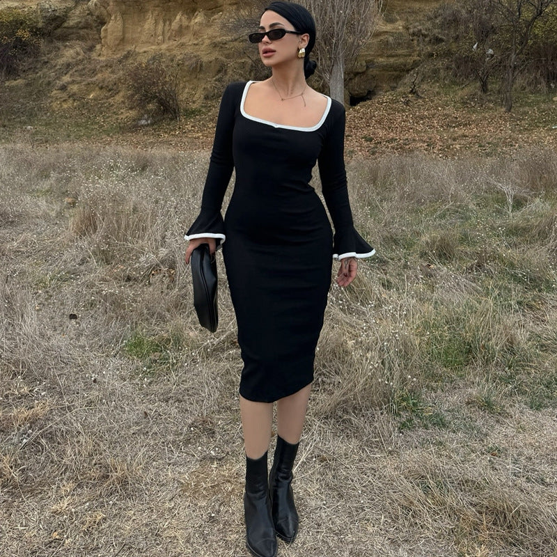 Square Neck Contrast Knit Bell Midi Dress