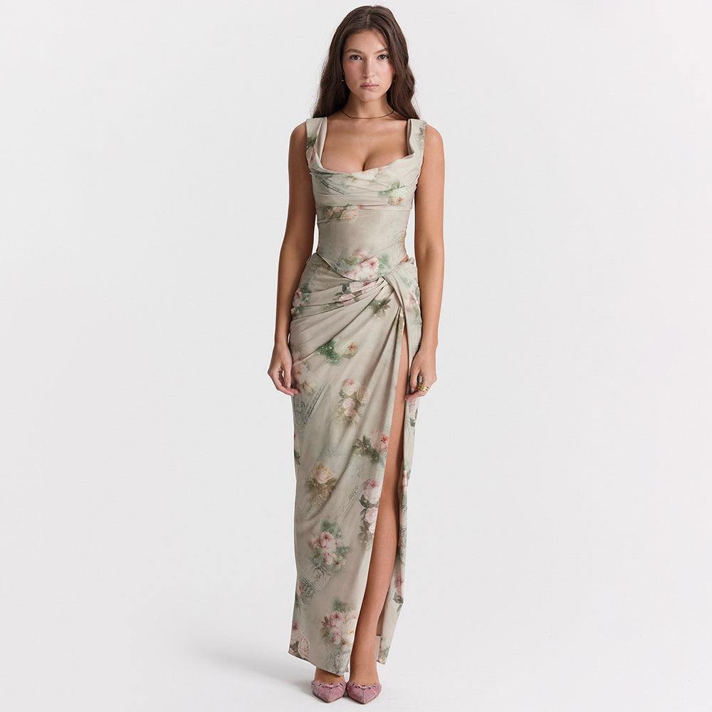 Chiffon Spaghetti Strap Cropped Top Skirt Two Piece Maxi Dress