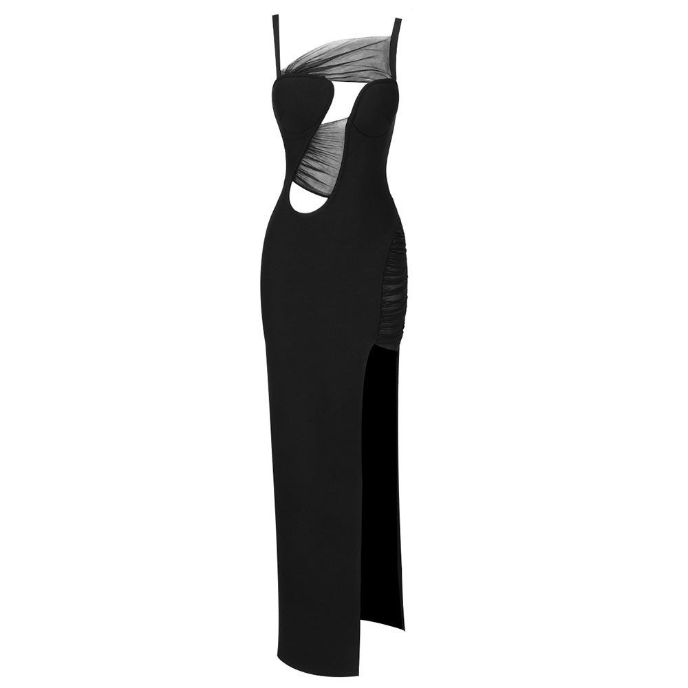 Black Mesh Layered Strap Maxi Dress