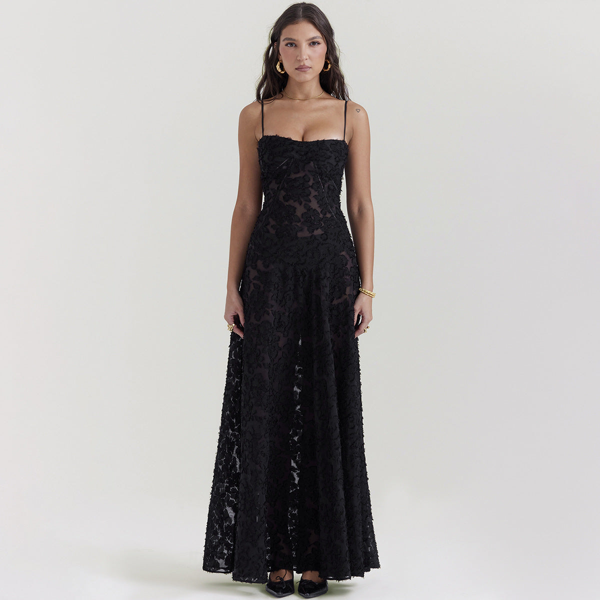 Black Sheer Backless Evening Maxi Dress
