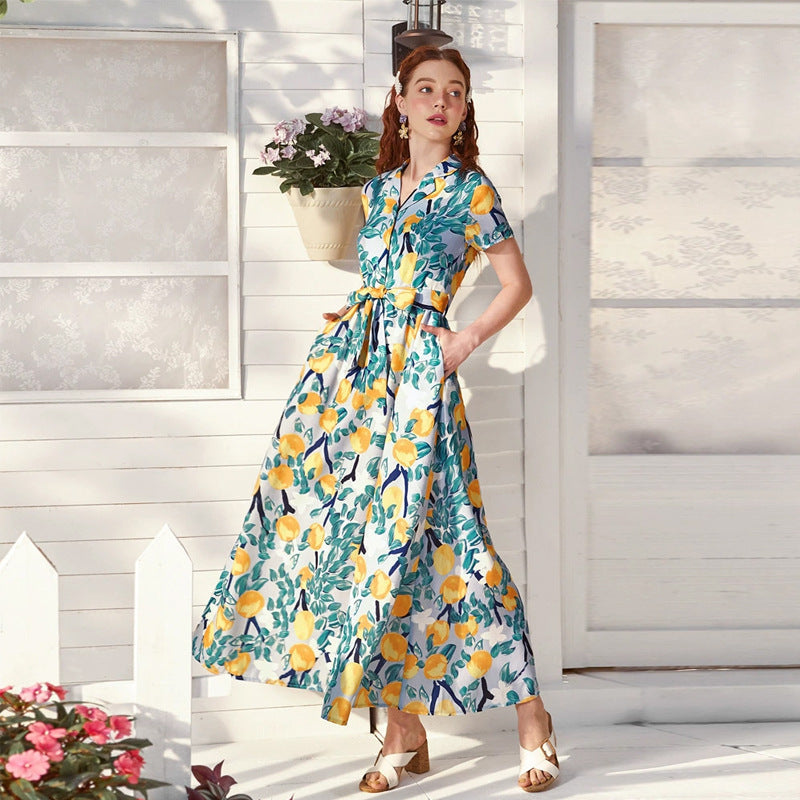 Printed Belted Sweet V-Neck Maxi Dress