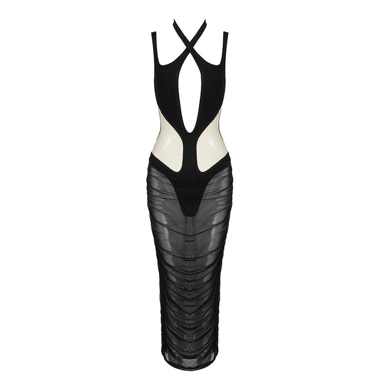 Mesh Hollow Out Semi-Transparent Slim Fit Maxi Dress
