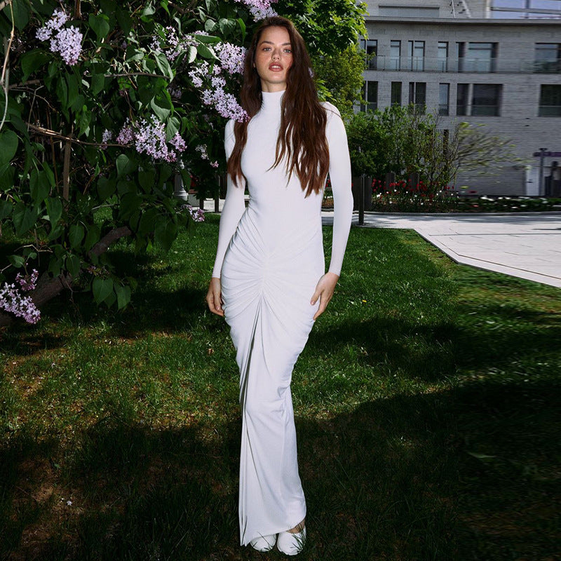 Folded Split Slim Fit Long Sleeve Maxi Dress