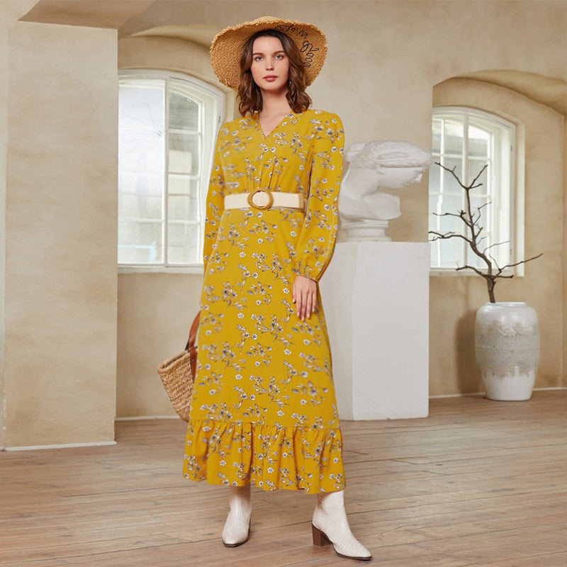 Printed V-Neck Long Sleeve Maxi Dress