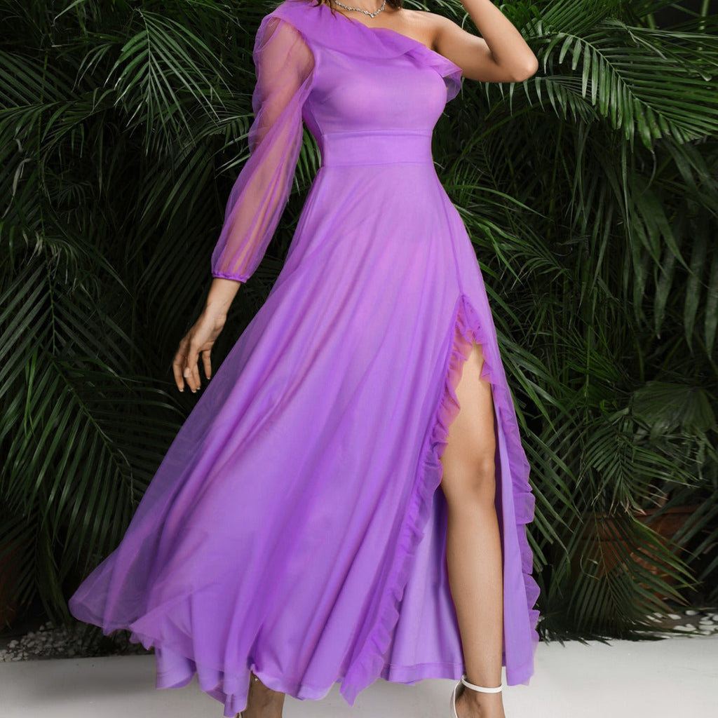 Slant Shoulder High Slit Evening Maxi Dress