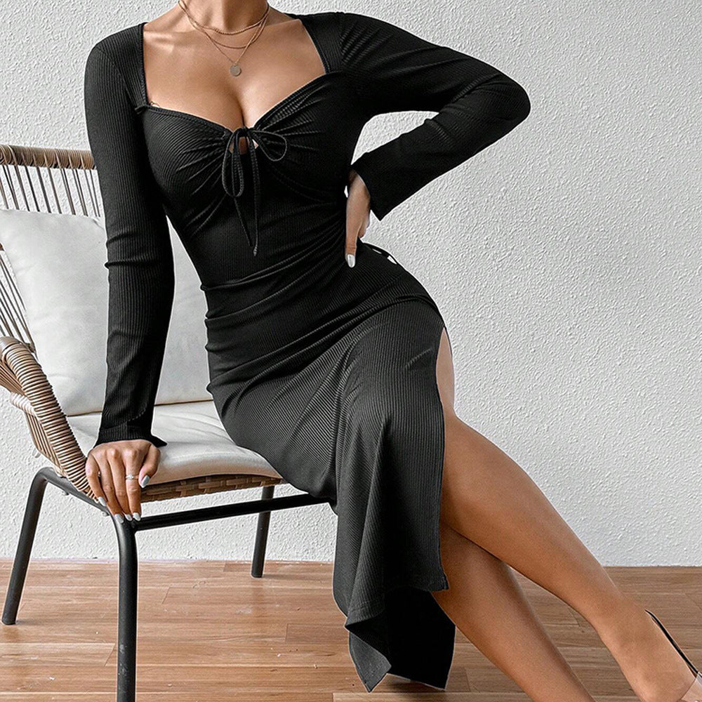 French Elegant Square Neck Slit Midi Dress